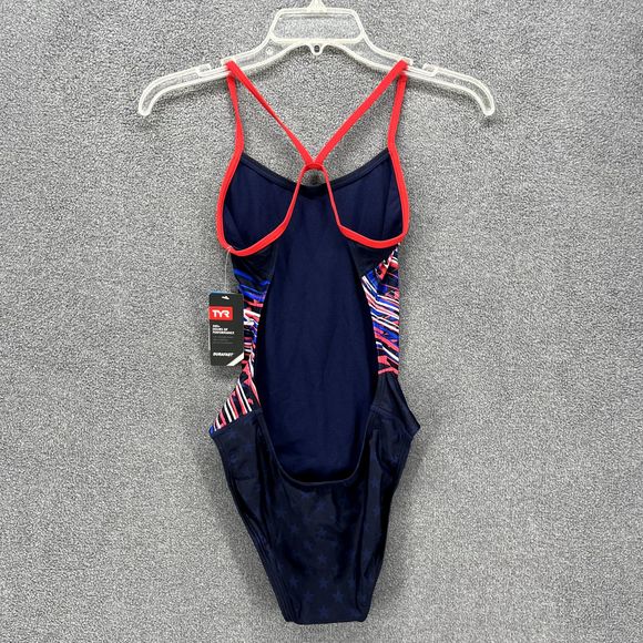 TYR Swimsuit Womens 30 Blue Red One Piece Cutout Fit Open Back - Picture 8 of 11